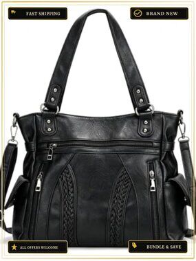 Large Vegan Leather Hobo Bag Women Tote Shoulder Purse 9 Pockets Detachable